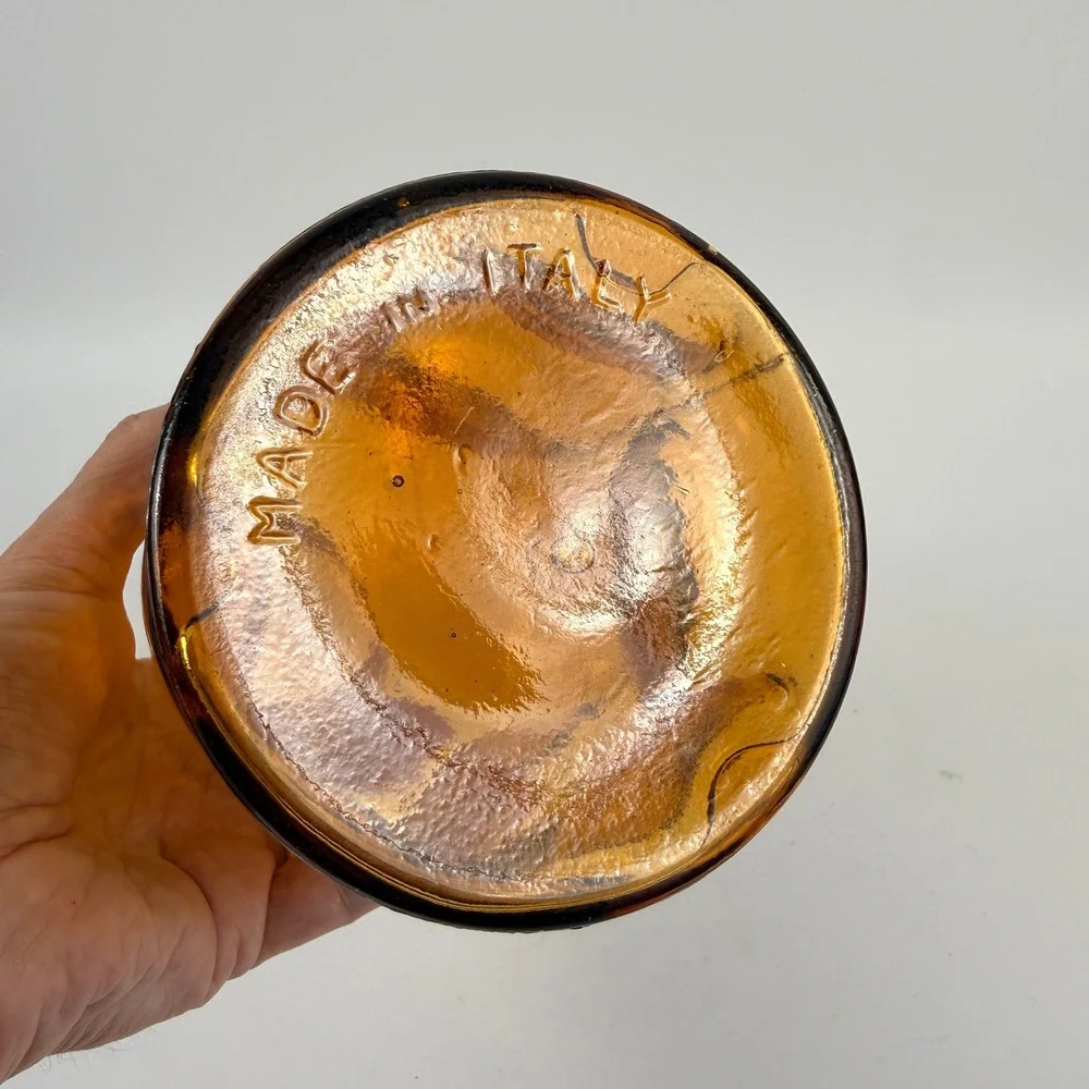 Vintage Empoli Amber Embossed Circle Glass Decanter Original Stopper Italy